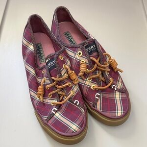Sperry Red Plaid Sneakers with Brown Laces